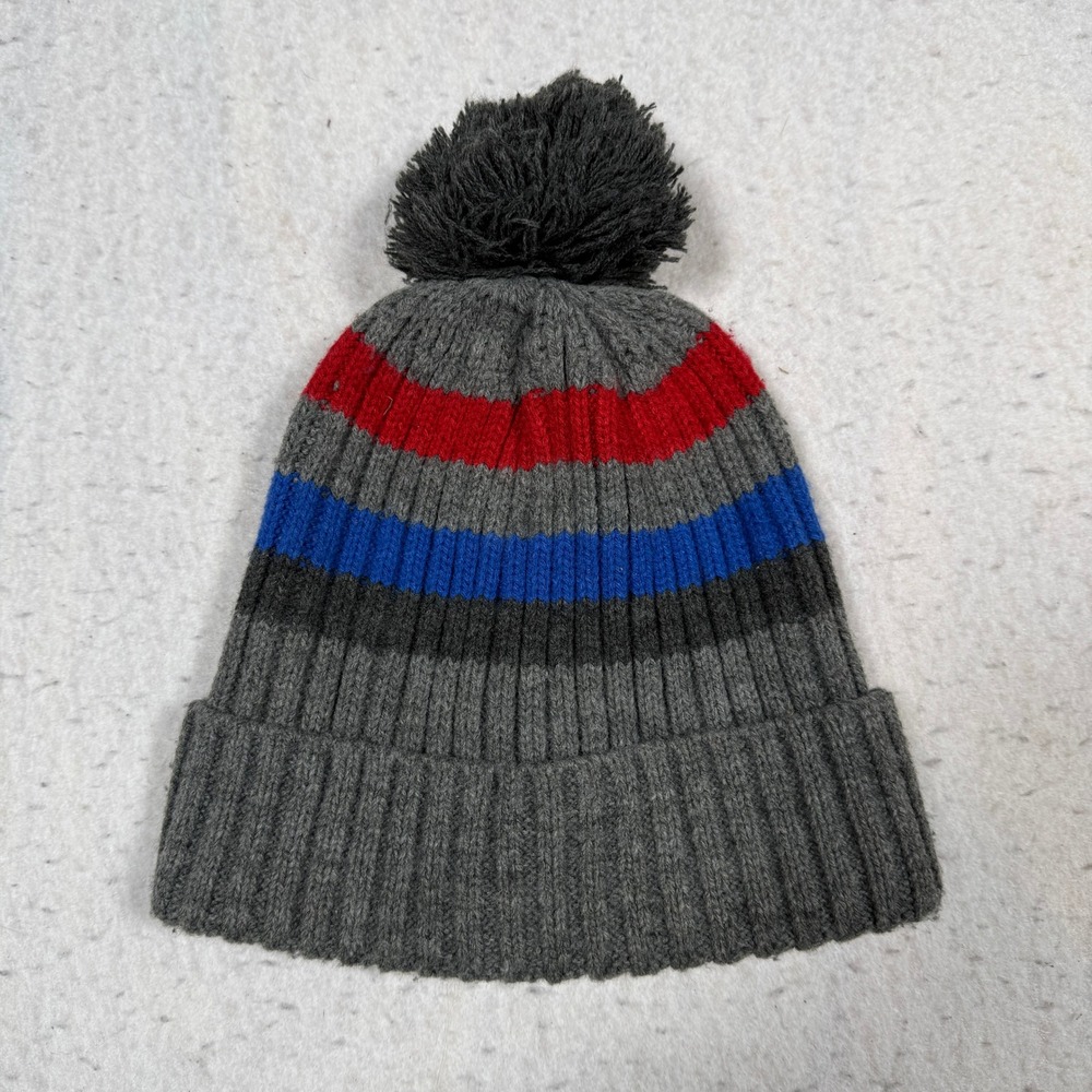 West Loop Grey Striped Ribbed Knit Beanie Hat with Pom Pom RN58853